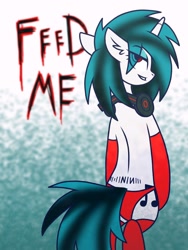 Size: 1200x1600 | Tagged: safe, artist:scarecrowkitty, dj pon-3, vinyl scratch, pony, unicorn, g4, abstract background, bipedal, clothes, eye clipping through hair, female, headphones, mare, nine inch nails, solo, tattoo