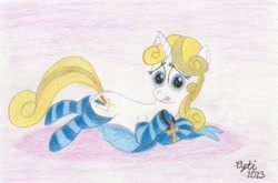Size: 1411x929 | Tagged: safe, artist:opti, oc, oc only, oc:guiding light, pony, unicorn, clothes, jewelry, looking at you, lying down, socks, solo, striped socks, tongue out, traditional art