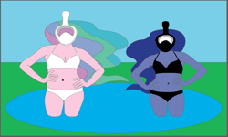 Size: 853x511 | Tagged: safe, artist:polorenzielephant, princess celestia, princess luna, principal celestia, vice principal luna, equestria girls, g4, belly button, bikini, black bikini, black swimsuit, clothes, duo, faceless female, female, full face snorkel, illustrator, lake, legs in the water, offscreen character, outdoors, partially submerged, snorkel, swimsuit, two-piece swimsuit, water, white bikini, white swimsuit