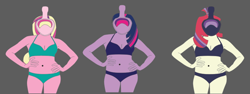 Size: 882x330 | Tagged: safe, artist:polorenzielephant, dean cadance, moondancer, princess cadance, twilight sparkle, equestria girls, g4, belly button, bikini, blue bikini, blue swimsuit, breasts, cleavage, clothes, faceless female, female, full face snorkel, gray background, green bikini, green swimsuit, offscreen character, simple background, snorkel, swimsuit, trio, two-piece swimsuit