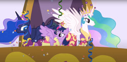 Size: 1280x624 | Tagged: safe, screencap, princess celestia, princess luna, twilight sparkle, alicorn, pony, g4, magical mystery cure, big crown thingy, celestia's ceremonial crown, clothes, confetti, coronation dress, crown, dress, element of magic, jewelry, regalia, royal sisters, siblings, sisters, smile and wave, twilight sparkle (alicorn), waving