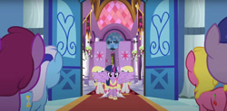 Size: 1276x626 | Tagged: safe, screencap, banner mares, berry punch, berryshine, cherry berry, crescendo, minuette, sea swirl, seafoam, twilight sparkle, alicorn, earth pony, pony, g4, magical mystery cure, clothes, coronation dress, dress, spread wings, twilight sparkle (alicorn), wings