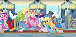 Size: 1279x625 | Tagged: safe, screencap, applejack, fluttershy, pinkie pie, princess cadance, rainbow dash, rarity, shining armor, twilight sparkle, alicorn, earth pony, pegasus, pony, unicorn, g4, magical mystery cure, big crown thingy, bycocket, clothes, coronation dress, crown, dress, element of magic, female, floral head wreath, flower, group hug, hat, heartwarming, hug, jewelry, male, mane six, mare, regalia, stallion, tiara, twilight sparkle (alicorn)