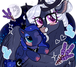 Size: 1100x972 | Tagged: safe, artist:frowoppy, princess luna, oc, g4, antlers, ear tufts, eye clipping through hair, fangs, glasses, luna plushie, mare in the moon, moon, plushie, simple background, solo, transparent background, unknown species, wings