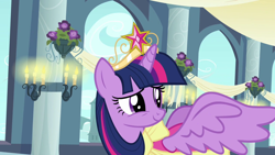 Size: 1280x720 | Tagged: safe, screencap, twilight sparkle, alicorn, pony, g4, magical mystery cure, big crown thingy, candle, clothes, coronation dress, dress, element of magic, female, jewelry, mare, regalia, smiling, solo, spread wings, twilight sparkle (alicorn), twilight's crown, wings
