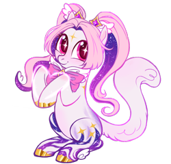 Size: 1040x1000 | Tagged: safe, artist:frowoppy, oc, oc only, earth pony, pony, augmented, augmented tail, blush lines, blushing, body markings, cat tail, closed mouth, coat markings, colored hooves, facial markings, female, gradient mane, heart, hoof polish, leg wings, magenta eyes, mare, neck bow, pigtails, simple background, sitting, smiling, solo, sparkly eyes, sparkly mane, star (coat marking), tail, transparent background, wingding eyes