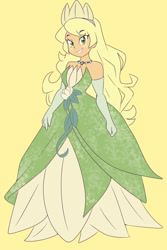 Size: 1280x1920 | Tagged: safe, artist:qsky, applejack, human, equestria girls, g4, alternate hairstyle, applejack also dresses in style, clothes, dress, evening gloves, female, gloves, gown, grin, long gloves, princess tiana, simple background, smiling, solo, the princess and the frog, tiana, yellow background