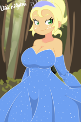 Size: 1262x1900 | Tagged: safe, artist:daichigatari, applejack, human, equestria girls, g4, applejack also dresses in style, breasts, busty applejack, clothes, dress, evening gloves, female, forest, gloves, gown, long gloves, princess tiana, smiling, solo, the princess and the frog, tiana