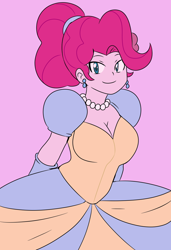 Size: 800x1172 | Tagged: safe, artist:strugetdraw, pinkie pie, human, equestria girls, g4, alternate hairstyle, breasts, busty pinkie pie, cinderella, clothes, dress, ear piercing, earring, evening gloves, female, gloves, gown, jetlag productions, jewelry, long gloves, necklace, pearl necklace, piercing, pink background, poofy shoulders, simple background, smiling, solo