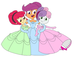 Size: 1024x768 | Tagged: safe, artist:rarity525, apple bloom, scootaloo, sweetie belle, human, equestria girls, g4, adorabloom, alternate hairstyle, clothes, cute, cutealoo, cutie mark crusaders, cutie mark cuties, diasweetes, dress, evening gloves, female, gloves, gown, group hug, hug, long gloves, open mouth, open smile, scootaloo also dresses in style, simple background, smiling, transparent background, trio