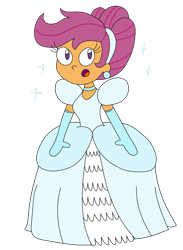 Size: 1024x1397 | Tagged: safe, artist:rarity525, scootaloo, human, equestria girls, g4, alternate hairstyle, cinderella, clothes, dress, ear piercing, earring, evening gloves, female, gloves, gown, jewelry, long gloves, piercing, poofy shoulders, simple background, solo, sparkles, surprised, transparent background