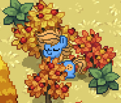 Size: 925x788 | Tagged: safe, oc, oc only, oc:blue cookie, earth pony, pony, pony town, autumn, bush, earth pony oc, eyes closed, grass, leaves, photo, pixel art, smiling