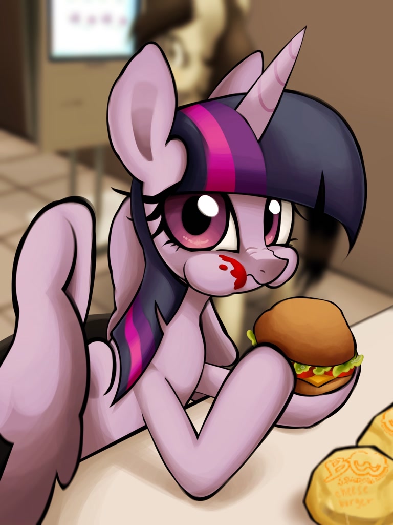 [alicorn,burger,eating,female,food,ketchup,looking at you,mare,pony,puffy cheeks,safe,sauce,twilight sparkle,solo focus,twilight burgkle,hoof hold,twilight sparkle (alicorn),that pony sure does love burgers,artist:brainr0tter]
