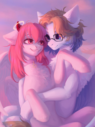 Size: 3000x4000 | Tagged: safe, artist:miurimau, oc, oc only, oc:distant sound, pegasus, pony, chest fluff, choker, duo, glasses, hug, looking at each other, looking at someone, looking into each others eyes, partially open wings, pegasus oc, wings