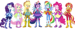 Size: 1280x496 | Tagged: safe, artist:aledurano, edit, applejack, fluttershy, pinkie pie, rainbow dash, rarity, sci-twi, sunset shimmer, twilight sparkle, equestria girls, g4, my little pony equestria girls: legend of everfree, alternate universe, big crown thingy, boots, clothes, clothes swap, cowboy boots, cowboy hat, crystal guardian, element of magic, gloves, hat, high heel boots, humane five, humane seven, humane six, jewelry, regalia, shoes, simple background, tiara, transparent background, vector