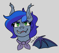 Size: 943x845 | Tagged: safe, artist:hiddenfaithy, oc, oc only, oc:lunar aurora, bat pony, bust, commission, fangs, gray background, grin, headshot commission, portrait, simple background, smiling, solo, wings