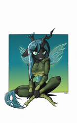 Size: 1280x2047 | Tagged: safe, artist:psychicdiesel, queen chrysalis, changeling, changeling queen, anthro, digitigrade anthro, g4, armor, breasts, crossed legs, exoskeleton, passepartout, sitting, solo