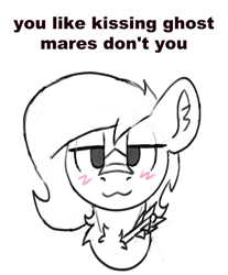 Size: 640x773 | Tagged: safe, artist:reddthebat, oc, oc only, oc:alaska (reddthebat), ghost, ghost pony, pegasus, pony, :3, arrow, bedroom eyes, blush scribble, blushing, boykisser, bust, ear fluff, exploitable meme, female, grayscale, looking at you, mare, meme, monochrome, partial color, ponified meme, simple background, smiling, smiling at you, solo, white background