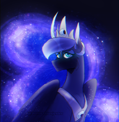 Size: 1570x1613 | Tagged: safe, artist:anomalousjester, princess luna, alicorn, pony, g4, black background, blue eyes, blue mane, blue tail, bust, chest fluff, crown, curved horn, digital art, ear fluff, ethereal mane, ethereal tail, eyeshadow, feather, female, flowing mane, flowing tail, folded wings, galaxy mane, gem, horn, jewelry, looking at you, makeup, mare, night, peytral, portrait, regalia, signature, simple background, solo, sparkles, starry mane, starry tail, stars, tail, watermark, wings