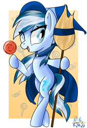 Size: 1537x2247 | Tagged: safe, artist:notadeliciouspotato, oc, oc only, oc:serene dive, earth pony, pony, abstract background, bipedal, broom, candy, cape, clothes, costume, eye clipping through hair, female, food, halloween, halloween costume, hat, holiday, hoof hold, lollipop, mare, open mouth, open smile, passepartout, signature, smiling, solo, witch hat