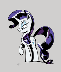 Size: 1745x2048 | Tagged: safe, artist:brdte, rarity, pony, unicorn, g4, female, gray background, lidded eyes, mare, profile, raised hoof, simple background, smiling, solo