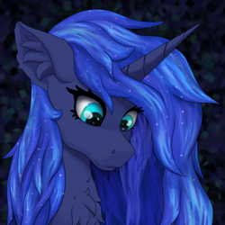 Size: 2048x2048 | Tagged: safe, artist:gantarts, princess luna, alicorn, pony, g4, abstract background, bust, chest fluff, closed mouth, constellation, constellation hair, ear fluff, eyes open, female, high res, horn, looking down, mare, portrait, reaction image, solo, starry mane