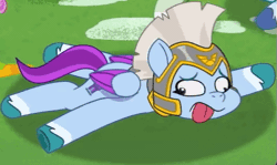 Size: 505x300 | Tagged: safe, screencap, zoom zephyrwing, pegasus, pony, g5, my little pony: tell your tale, zipp's flight school, spoiler:g5, spoiler:my little pony: tell your tale, spoiler:tyts01e02, animated, armor, cropped, dizzy, female, gif, guardsmare, helmet, lying down, mare, offscreen character, pegasus royal guard, prone, royal guard, solo focus, spinning eyes, sploot, stabilized, tongue out