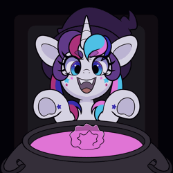 Size: 2000x2000 | Tagged: safe, artist:partypievt, oc, oc only, oc:party pie, pony, unicorn, animated, bipedal, cauldron, commission, facing you, female, frog (hoof), gif, halloween, hat, high res, holiday, loop, mare, smiling, solo, underhoof, witch hat, ych animation, ych example, your character here