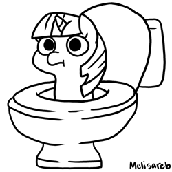 Size: 1500x1500 | Tagged: safe, artist:melisareb, derpibooru exclusive, twilight sparkle, pony, toilet pony, unicorn, g4, but why, female, lineart, mare, monochrome, shitposting, simple background, skibidi toilet, solo, toilet, toilet sparkle, twiggie, unicorn twilight, white background