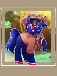 Size: 384x512 | Tagged: safe, artist:diniarvegafinahar, earth pony, koala, pony, australia, brown background, clothes, grass, hat, male, nation ponies, ponified, shirt, solo, stallion, sunglasses, tree
