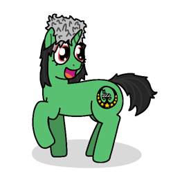 Size: 500x500 | Tagged: safe, artist:hach, oc, oc only, oc:terek flow, pony, unicorn, :d, chechen republic of ichkeria, chechnya, female, hat, looking back, mare, nation ponies, open mouth, open smile, papakha, ponified, raised hoof, simple background, smiling, solo, white background