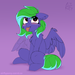 Size: 1200x1200 | Tagged: safe, artist:airfly-pony, oc, oc only, oc:weldbead, pegasus, pony, :p, blushing, female, gradient background, looking up, mare, mlem, patreon, patreon reward, pegasus oc, silly, sitting, solo, tongue out, wings