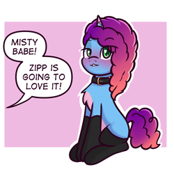 Size: 3000x3000 | Tagged: safe, artist:magician-horse, derpibooru exclusive, misty brightdawn, pony, unicorn, g5, bedroom eyes, blushing, chest fluff, clothes, collar, female, heart, heart eyes, high res, implied dawnstorm, implied lesbian, implied pipp petals, implied shipping, pale belly, passepartout, rebirth misty, sitting, socks, solo, wingding eyes