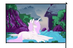 Size: 676x448 | Tagged: safe, artist:thelunarmoon, princess celestia, alicorn, pony, g4, border, butt, facing away, female, mare, partially submerged, pink-mane celestia, plot, river, solo, spread wings, sunbutt, water, wings, wip