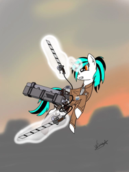 Size: 768x1024 | Tagged: safe, artist:wing, oc, oc:evening lake, pony, unicorn, 3d maneuver gear, anime, attack on titan, blade, clothes, costume, digital art, fantasy class, female, flying, gift art, horn, magic, magic aura, old art, scout, solo, unicorn oc, weapon