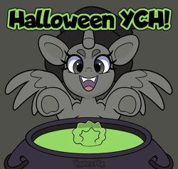 Size: 2000x1907 | Tagged: safe, artist:partypievt, oc, oc only, alicorn, earth pony, pegasus, pony, unicorn, animated, bubble, cauldron, commission, fangs, gif, gray background, hat, looking at you, simple background, solo, witch, witch costume, witch hat, ych animation, ych example, your character here