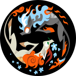 Size: 2938x2937 | Tagged: safe, alternate version, artist:dany-the-hell-fox, kirin, nirik, g4, sounds of silence, alternate color palette, black background, duality, duo, flower, high res, mane of fire, mouth hold, simple background, trace, yin-yang