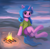 Size: 1995x1950 | Tagged: safe, artist:foxpit, izzy moonbow, pony, unicorn, g4, g5, butt, campfire, clothes, eyebrows, female, fire, g5 to g4, generation leap, horn, looking at you, mare, outdoors, plot, shirt, shorts, signature, sitting, smiling, smiling at you, solo, t-shirt, underhoof