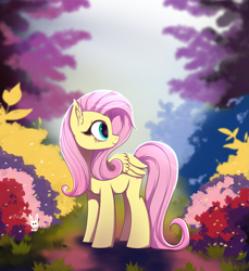 Size: 3613x3944 | Tagged: safe, artist:nnaly, fluttershy, pegasus, pony, rabbit, g4, animal, exclamation point, female, flower, folded wings, high res, looking back, mare, outdoors, profile, smiling, solo, wings