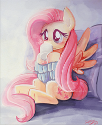 Size: 1710x2086 | Tagged: safe, alternate version, artist:sophiesplushies, fluttershy, pegasus, pony, g4, clothes, coffee mug, cute, female, holding, mare, mug, revised, shyabetes, signature, sitting, solo, spread wings, sweater, sweatershy, wings