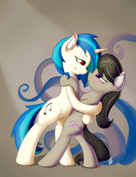 Size: 2550x3300 | Tagged: safe, artist:fearingfun, dj pon-3, octavia melody, vinyl scratch, earth pony, pony, unicorn, g4, 2014, bedroom eyes, bipedal, chest fluff, dancing, duo, duo female, ear fluff, eye contact, female, high res, horn, hug, lesbian, looking at each other, looking at someone, mare, ship:scratchtavia, shipping, smiling, smiling at each other