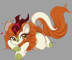 Size: 4096x3454 | Tagged: safe, artist:papilrux, autumn blaze, kirin, pony, g4, awwtumn blaze, cloven hooves, cute, cute little fangs, fangs, female, floating heart, gray background, heart, high res, horn, kirinbetes, looking at you, mare, simple background, smiling, smiling at you, solo, unshorn fetlocks