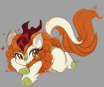 Size: 4096x3454 | Tagged: safe, artist:papilrux, autumn blaze, kirin, g4, awwtumn blaze, cloven hooves, cute, female, floating heart, gray background, heart, high res, horn, kirinbetes, looking at you, simple background, smiling, smiling at you, solo, unshorn fetlocks