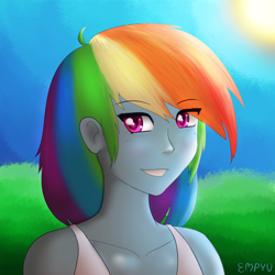 Size: 1200x1200 | Tagged: safe, artist:empyu, rainbow dash, human, equestria girls, g4, bust, female, grin, looking at you, portrait, smiling, solo