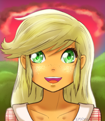 Size: 1040x1200 | Tagged: safe, artist:empyu, applejack, human, equestria girls, g4, bust, female, looking at you, open mouth, open smile, portrait, smiling, solo