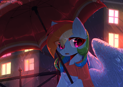 Size: 3508x2480 | Tagged: safe, artist:hakkerman, rainbow dash, pegasus, pony, g4, building, chest fluff, clothes, cute, dashabetes, ear fluff, eye clipping through hair, featured image, female, fence, high res, looking at you, mare, night, open mouth, outdoors, partially open wings, rain, scarf, signature, solo, sweet dreams fuel, umbrella, window, wings
