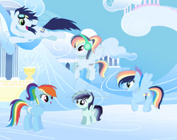 Size: 600x474 | Tagged: safe, artist:moonie-dreams, rainbow dash, soarin', oc, oc:lightning rainboom, oc:rain cloud, oc:sky bolt, pegasus, pony, g4, colt, female, foal, male, mare, offspring, parent:rainbow dash, parent:soarin', parents:soarindash, ship:soarindash, shipping, stallion, straight