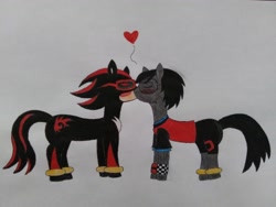 Size: 3264x2448 | Tagged: safe, artist:superfoxyhedgehog, oc, oc:gia, earth pony, pony, clothes, eyes closed, glasses, heart, high res, kissing, non-mlp oc, non-mlp shipping, ponified, rule 85, shadow the hedgehog, shipping, sonic the hedgehog (series)