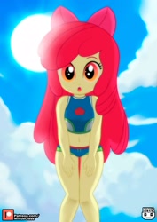 Size: 1131x1600 | Tagged: safe, alternate character, alternate version, artist:minusclass, part of a set, apple bloom, human, equestria girls, g4, :o, adorabloom, apple, apple bloom's bow, applejack's beach shorts swimsuit, belly button, bow, clothes, cloud, cute, female, food, hair bow, legs, looking at you, looking down, looking down at you, midriff, open mouth, patreon, patreon logo, sky, sleeveless, solo, sun, swimsuit