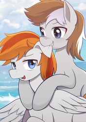 Size: 2896x4096 | Tagged: safe, artist:caibaoreturn, oc, oc only, oc:felix gulfstream, oc:斑仔, earth pony, pegasus, pony, biting, brothers, cloud, duo, duo male, ear bite, male, ocean, outdoors, siblings, water